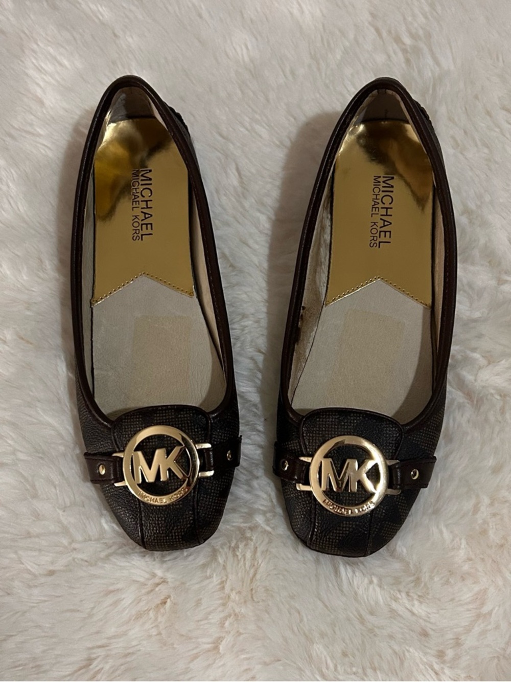 Michael Kors Brown Leather MK Logo Flats with Gold Accents